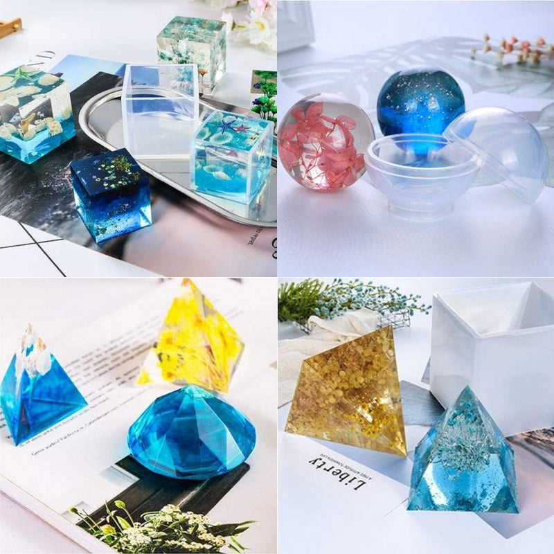 Elinka 4 Pcs Transparent Silicone Resin Casting Molds, Large Clear Epoxy Resin Mold Sphere,Cube,Triangular,Diamond Molds for Resin Casting DIY Craft Home Decoration - Image 2